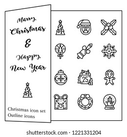 Christmas and New Year card with icons.The Christmas icon set. It are outline icon and illustration. 