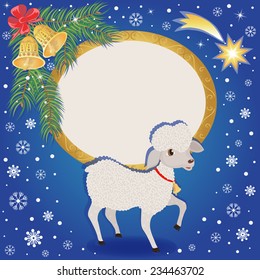 Christmas and New year card with lamb. Sheep a symbol of New year 2015. Beautiful background with bells, star and  frame for your text. Colorful vector illustration.