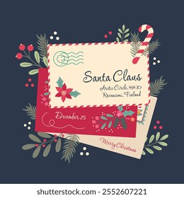 Christmas and New Year card a letter to Santa Claus with flowers and pine branches