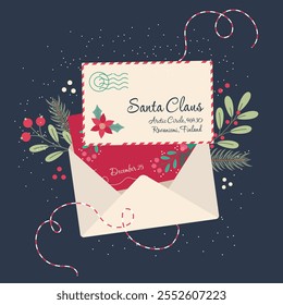 Christmas and New Year card a letter to Santa Claus with flowers and pine branches