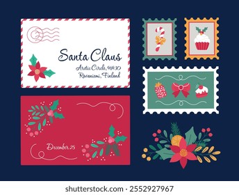 Christmas and New Year card with a letter to Santa Claus pine branches and flowers