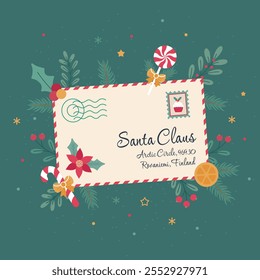 Christmas and New Year card with a letter to Santa Claus pine branches and flowers