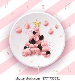 Christmas and New Year card. Luxury Christmas Tree made of festive elements such as christmas balls on pink background. Christmas and New Year sale card. Vector illustration.