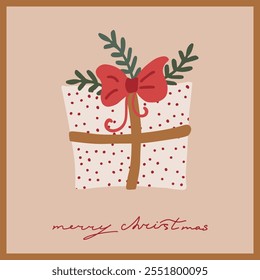 Christmas and new year card with merry christmas lettering. Illustration of christmas present with bow in retro style 