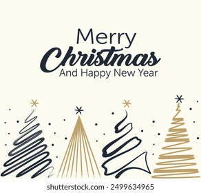 Christmas and New Year card with a minimalist design, elegant text "Merry Christmas And Happy New Year," and stylized Christmas trees in black and gold on a white background