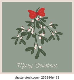 Christmas and new year card with mistletoe bouquet and red bow