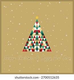 Weihnachts- und Neujahrskarte Modularer, geometrischer Weihnachtsbaum aus Dreiecken. Sierpinski-Dreieck. 