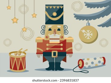 Christmas New Year card with nutcracker standing near christmas tree vector illustration