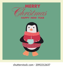 Christmas and New Year card on a green background a penguin in a red sweater holds a mug of hot grog. Red lettering.
