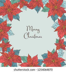 Christmas and New Year card with poinsettia flower. Vector hand drawn illustration.