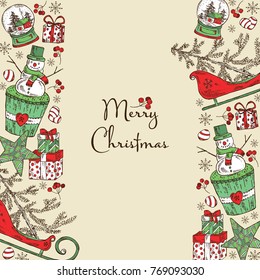 Christmas and New Year card with Christmas present and tree. Vector hand drawn illustration