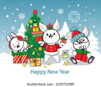 Christmas and New Year card with rabbits and bunny. Vector cartoon illustration. Chinese 2023 symbol