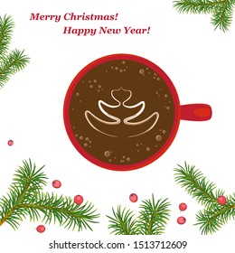 Christmas, new year card. Red Cup with Christmas tree pattern on coffee, latte art. Christmas composition with fir branches and Holly berries. Isolated. White background