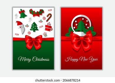 Christmas and New Year card with a red bow. Congratulations, a leaflet with images of Christmas symbols. Flat design, shadows. Vector illustration