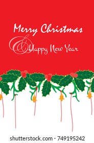 Christmas and new year card.The red and white design with ball tree, antler, bell and rope  is vector for card. draw image and no trace or copy image.