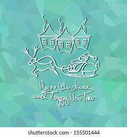 Christmas and New Year card with Santa Claus in sleigh on blue frost mosaic background