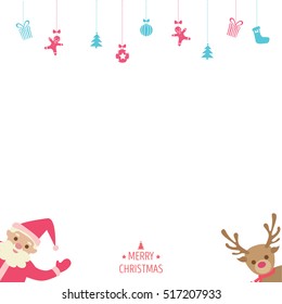 Christmas and new year card with santa claus and reindeer and ornaments on white background.