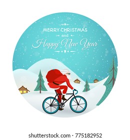 Christmas New Year card. Santa claus bicycle delivery logistics courier. Bike messenger bearded male character hipster style. Winter countryside mountains valley snow landscape. Round bauble shape.