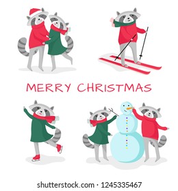 Christmas or New Year card. Set of cute raccoons isolated on white background. Vector flat cartoon illustration.