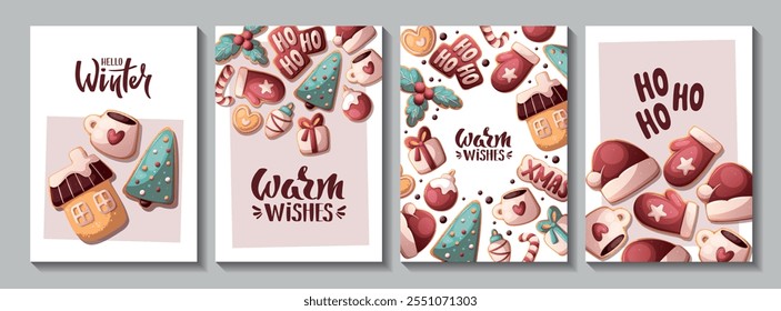 Christmas and New Year card set with gingerbread cookies. Vector illustration for greeting cards, banners, posters, postcard.