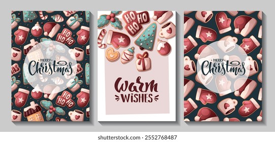 Christmas and New Year card set with gingerbread cookies. Vector illustration for greeting cards, banners, posters, postcard.