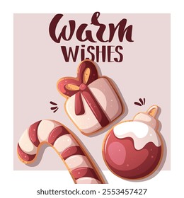 Christmas and New Year card set with gingerbread cookies in the form of candy cane, Christmas ball, gift. Vector illustration for greeting cards, banners, posters, postcard.