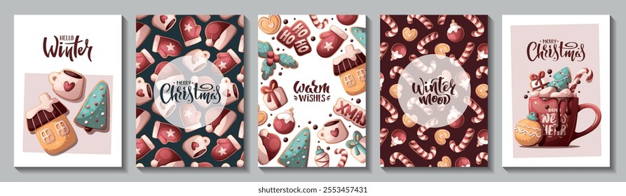 Christmas and New Year card set with gingerbread cookies and hot chocolate. Vector illustration for greeting cards, banners, posters, postcard.