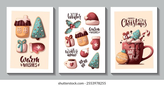 Christmas and New Year card set with gingerbread cookies and hot chocolate. Vector illustration for greeting cards, banners, posters, postcard.