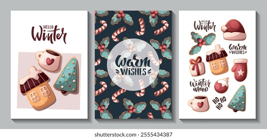 Christmas and New Year card set with gingerbread cookies. Vector illustration for greeting cards, banners, posters, postcard.