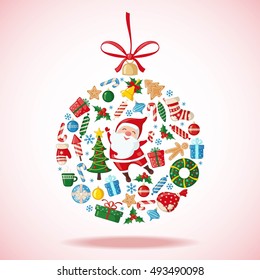 Christmas and New Year Card in the shape of Christmas ball in flat style. Traditional symbols. Vector illustration.