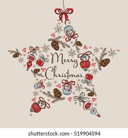 Christmas and New Year card in the shape of a star with Christmas decorations and cone. Hand drawn.
