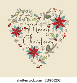 Christmas and New Year card in the shape of a heart with cones, holly and mistletoe. hand drawn