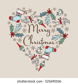 Christmas and New Year card in the shape of a heart with Christmas decorations. hand drawn.