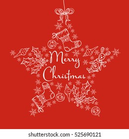 Christmas and New Year card in the shape of a star with Christmas decorations. hand drawn.