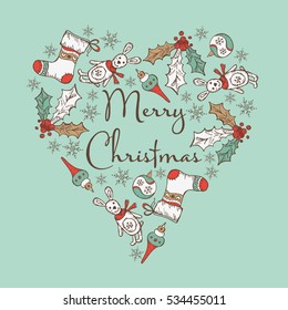 Christmas and New Year card in the shape of a heart with Christmas decorations. hand drawn.
