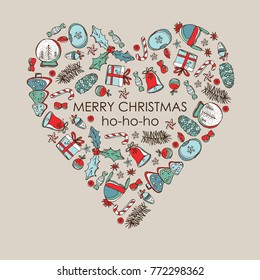 Christmas and New Year card in the shape of a heart with Christmas decorations and present. Vector hand drawn illustration