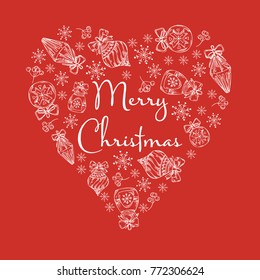 Christmas and New Year card in the shape of a heart with Christmas decorations. Vector hand drawn illustration