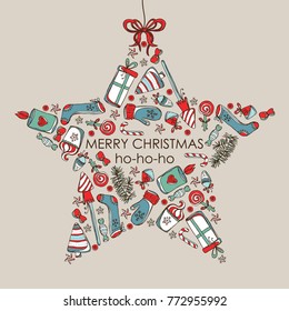 Christmas and New Year card in the shape of a star with Christmas decorations and present. Vector hand drawn illustration