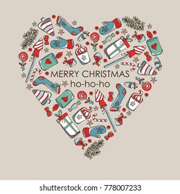 Christmas and New Year card in the shape of a heart with Christmas decorations and present. Vector hand drawn illustration