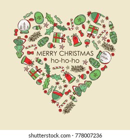 Christmas and New Year card in the shape of a heart with Christmas decorations and present. Vector hand drawn illustration