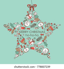 Christmas and New Year card in the shape of a star with Christmas decorations and present. Vector hand drawn illustration