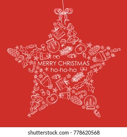 Christmas and New Year card in the shape of a star with Christmas decorations and present. Vector hand drawn illustration