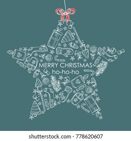 Christmas and New Year card in the shape of a star with Christmas decorations and present. Vector hand drawn illustration