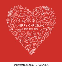Christmas and New Year card in the shape of a heart with Christmas decorations and present. Vector hand drawn illustration