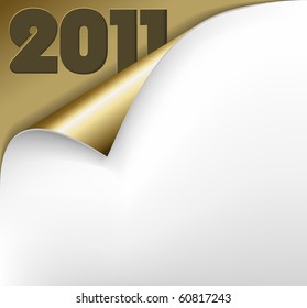 Christmas New Year Card - Sheet of golden paper with a curl showing 2011