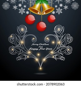 christmas and new year  card silver heart shape with silver ornaments,bells and cherries