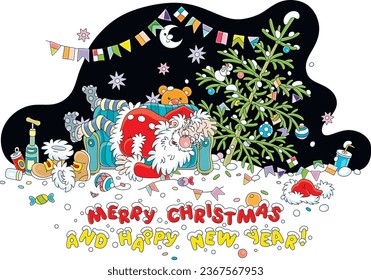 Christmas and New Year card with slightly drunk Santa Claus sleeping on his couch in a scary mess after funny winter holidays, vector cartoon illustration