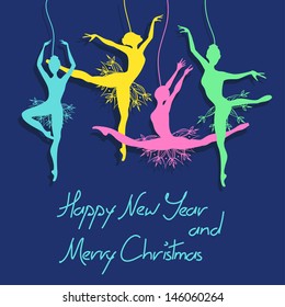 Christmas and New Year card with snowflake ballet dancers