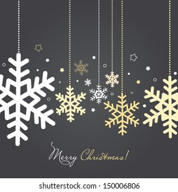 Christmas and New Year card with snowflakes, stylized holiday card with gold and silver hanging snowflakes and other decorations