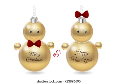 Christmas and New Year card with snowman. Golden Christmas decoration balls isolated on white. 